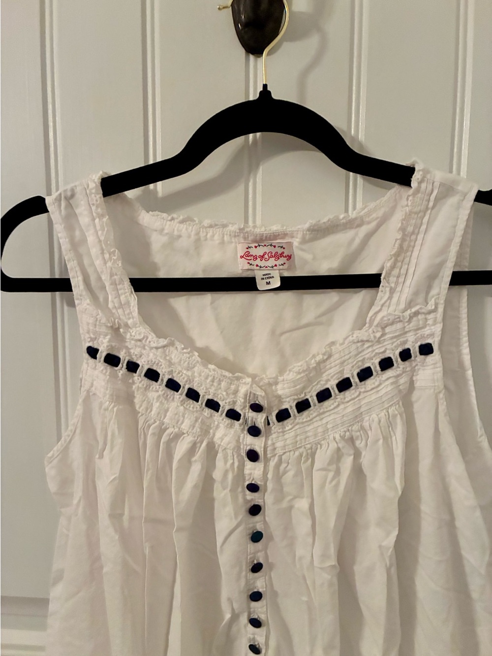 Lanz of Salzburg white sleeveless nightgown w/classic black watch tartan detail